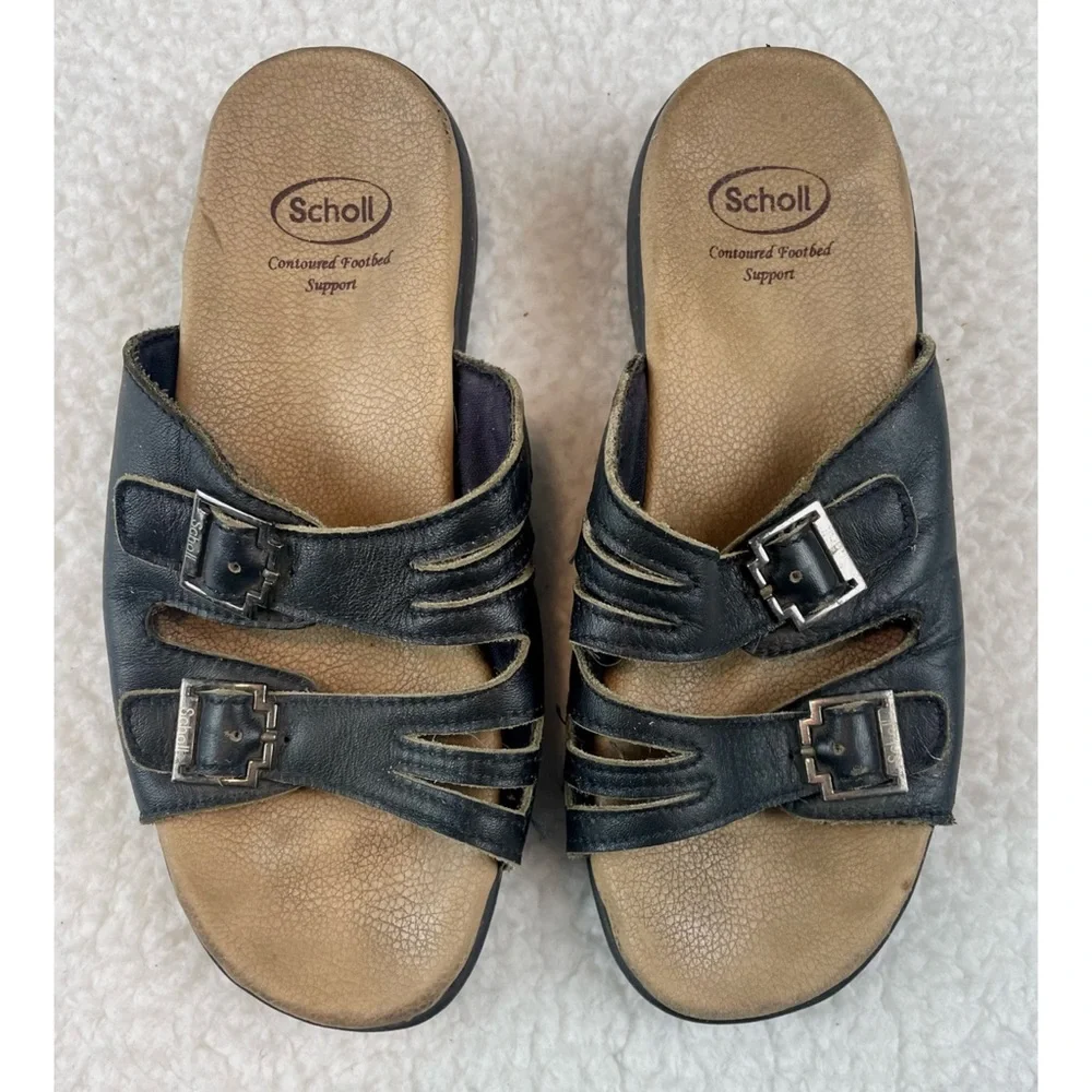 DR. SCHOLL’S • Black/Tan Strappy Buckle Slip-On Sandals, 4 - Picture 2 of 14